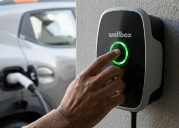 Um homem de costas observa seu carro elétrico estacionado em uma casa moderna durante o pôr do sol