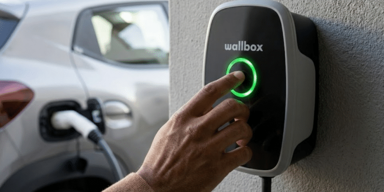 Um homem de costas observa seu carro elétrico estacionado em uma casa moderna durante o pôr do sol