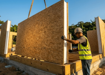 Operário instala painel SIP sob luz tropical dourada