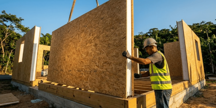 Operário instala painel SIP sob luz tropical dourada