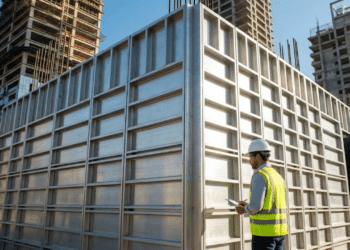 Engenheiro inspeciona formas de alumínio sob sol intenso