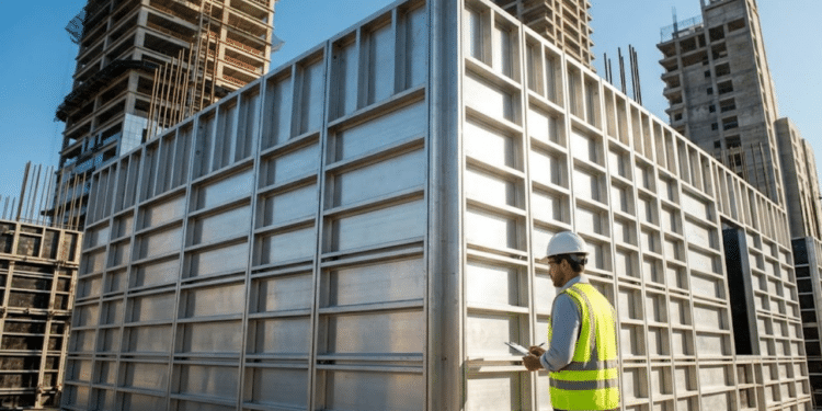Engenheiro inspeciona formas de alumínio sob sol intenso