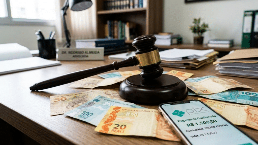 PIX martelo da justiça e notas de dinhiero BRL em cima da mesa