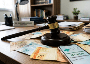 PIX martelo da justiça e notas de dinhiero BRL em cima da mesa