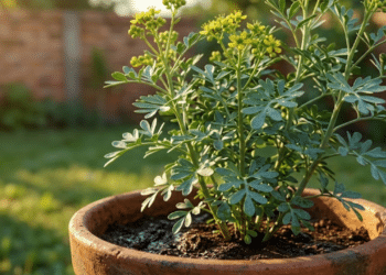 Arruda vibrante em vaso de barro sob a luz dourada do entardecer