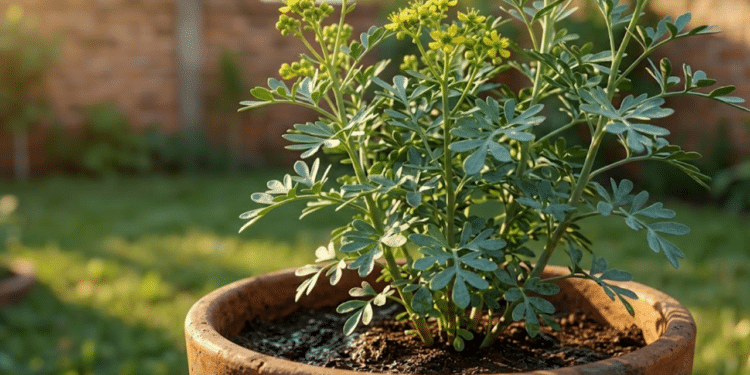 Arruda vibrante em vaso de barro sob a luz dourada do entardecer