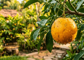 Cajá-manga maduro e dourado sob a luz solar tropical