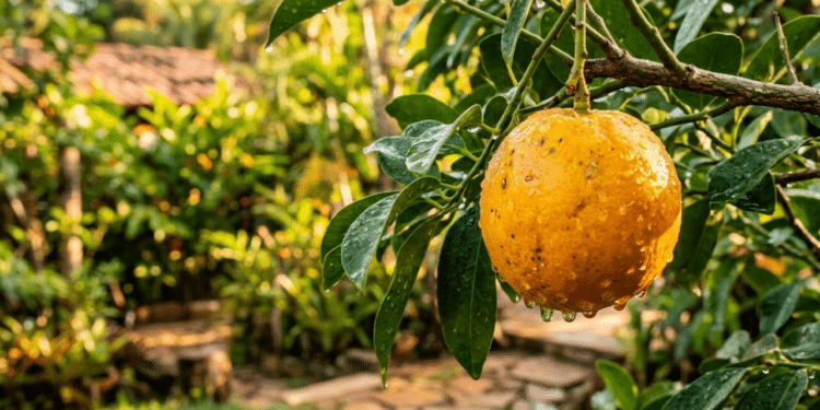 Cajá-manga maduro e dourado sob a luz solar tropical