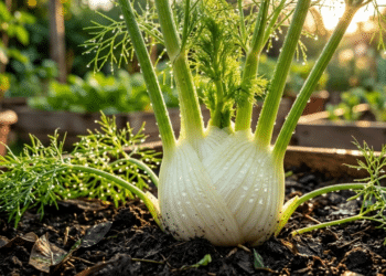 Bulbo de funcho fresco e brilhante sob a luz dourada do sol