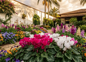 Jardim vibrante com Cyclamen e flores de outono sob luz dourada