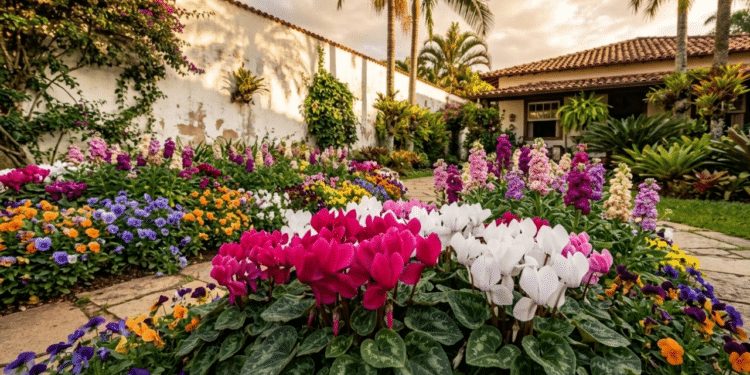 Jardim vibrante com Cyclamen e flores de outono sob luz dourada