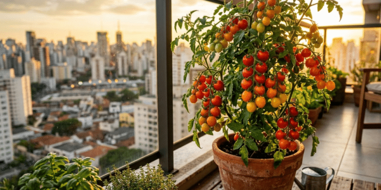 Cachos de tomate-cereja vibrantes e suculentos em uma varanda urbana