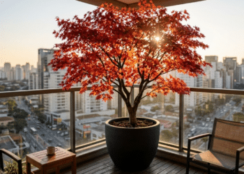 Acer palmatum com folhas vermelhas vibrantes em uma varanda luxuosa