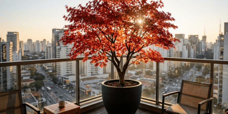 Acer palmatum com folhas vermelhas vibrantes em uma varanda luxuosa