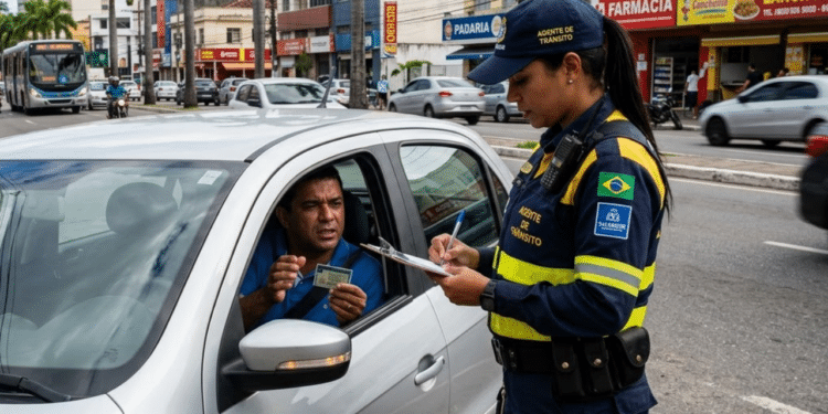 Agente de trânsito multando um motorista brasileiro