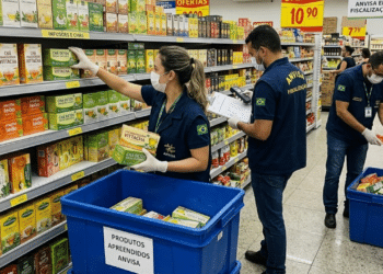 Na imagem, as marcas e os detalhes específicos nas embalagens dos chás já foram removidos ou substituídos por termos genéricos, como "CHÁ MATTE" ou "VITTERCHA". Isso serve para ilustrar a situação de apreensão sem identificar marcas reais específicas, o que geralmente é o objetivo ao criar representações neutras desse tipo de ação.