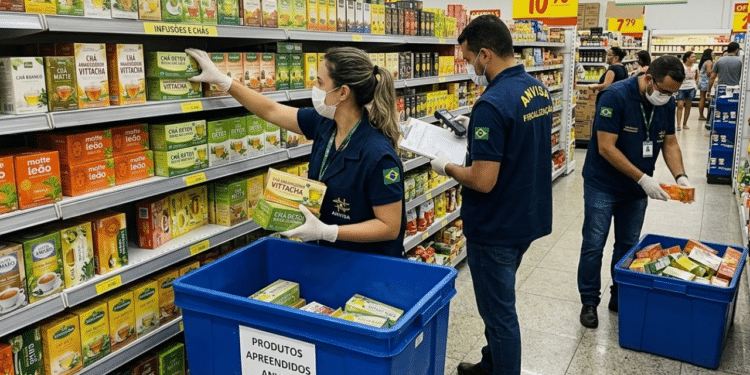 Na imagem, as marcas e os detalhes específicos nas embalagens dos chás já foram removidos ou substituídos por termos genéricos, como "CHÁ MATTE" ou "VITTERCHA". Isso serve para ilustrar a situação de apreensão sem identificar marcas reais específicas, o que geralmente é o objetivo ao criar representações neutras desse tipo de ação.