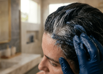 Espuma de shampoo tonalizante cobrindo fios brancos na raiz.