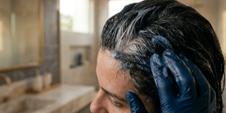 Espuma de shampoo tonalizante cobrindo fios brancos na raiz.
