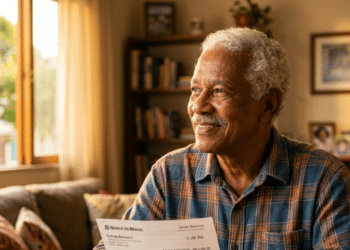 Idoso brasileiro sorrindo aliviado ao conferir suas finanças sob luz solar