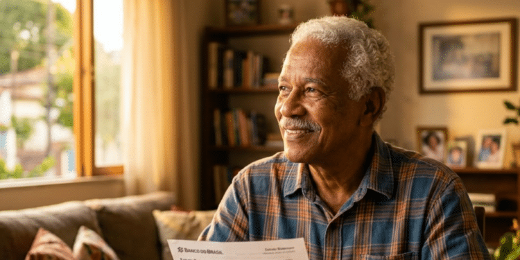 Idoso brasileiro sorrindo aliviado ao conferir suas finanças sob luz solar