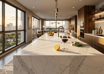 Bancada de quartzo luxuosa com veios cinzas sob luz solar quente