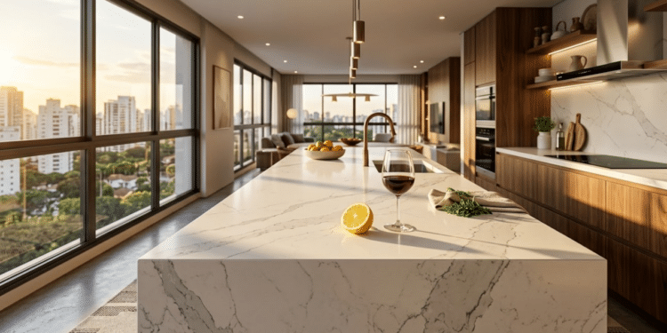 Bancada de quartzo luxuosa com veios cinzas sob luz solar quente