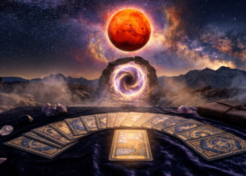 Portal celestial sob a regência de Marte com cartas de Tarot em destaque