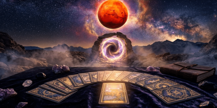 Portal celestial sob a regência de Marte com cartas de Tarot em destaque