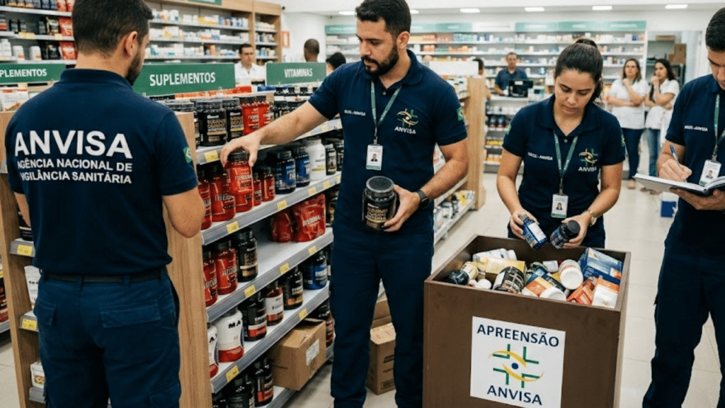 Agentes da Anvisa removendo suplemento das prateleiras - Imagem Ilustrativa