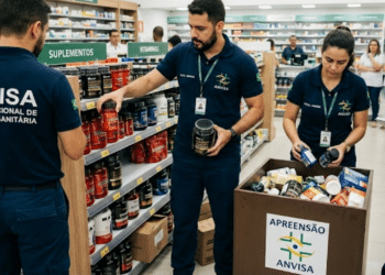 Agentes da Anvisa removendo suplemento das prateleiras - Imagem Ilustrativa