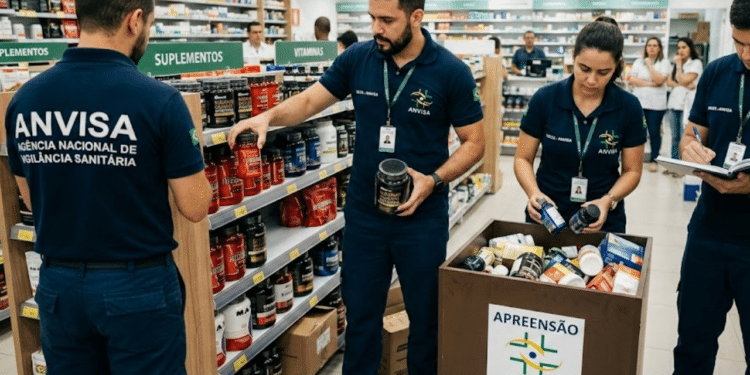 Agentes da Anvisa removendo suplemento das prateleiras - Imagem Ilustrativa