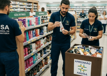 Agentes da Anvisa removendo produtos de autocuidado das prateleiras - Imagem Ilustrativa