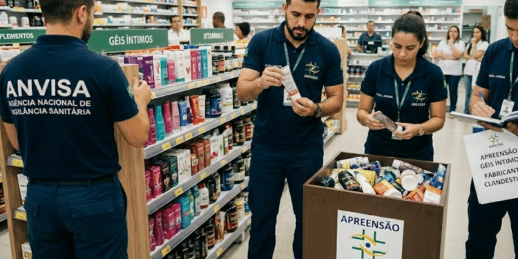 Agentes da Anvisa removendo produtos de autocuidado das prateleiras - Imagem Ilustrativa