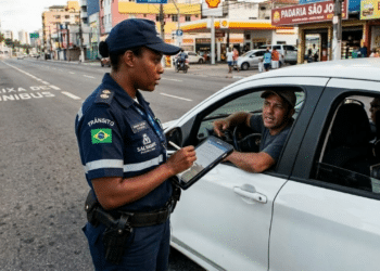 Oficial de trânsito multando motorista brasileiro por causa de som alto
