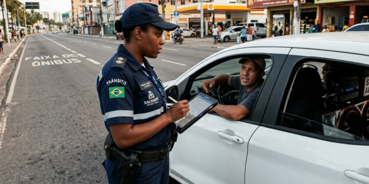 Oficial de trânsito multando motorista brasileiro por causa de som alto