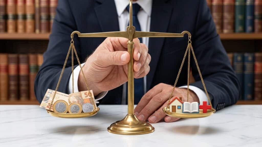 Balança de latão equilibrando moedas e necessidades básicas de uma criança