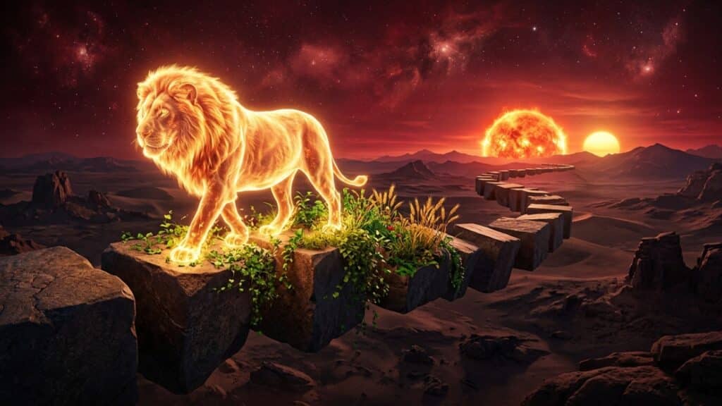 Leão solar caminha sobre pedras flutuantes gerando vida e colheita