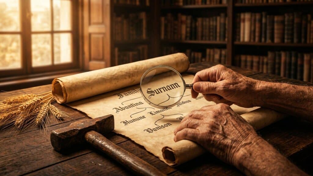 Mãos idosas com lupa sobre pergaminho de árvore genealógica