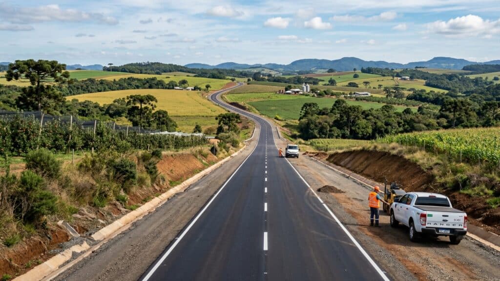 A obra de R$ 71 milhões na SC-451 já chega a 40% e avança em 17,5 quilômetros entre duas cidades