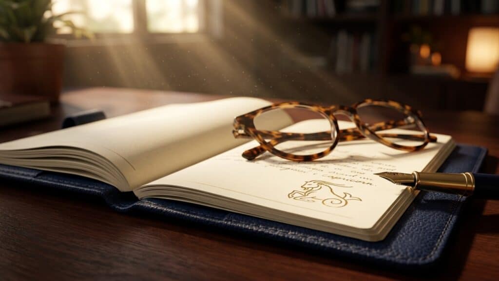 Agenda de couro com símbolo de Capricórnio e óculos, representando planejamento financeiro e sigilo estratégico.