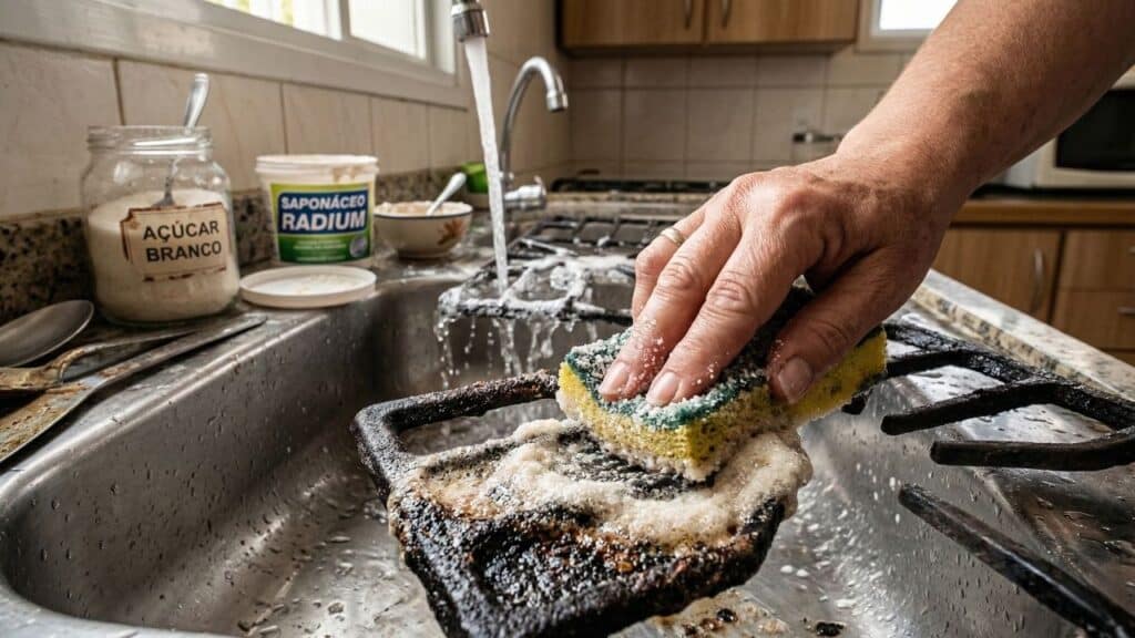 Esse combo de ingredientes comuns da cozinha pode ajudar a tirar crosta pesada de panelas e grades