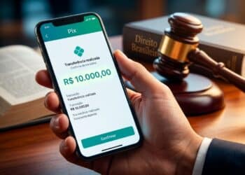 Smartphone com transferência de R$ 10 mil sobreposto a um martelo de juiz