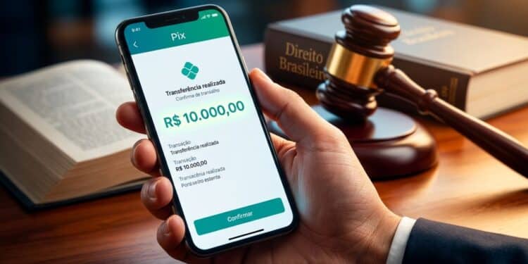 Smartphone com transferência de R$ 10 mil sobreposto a um martelo de juiz