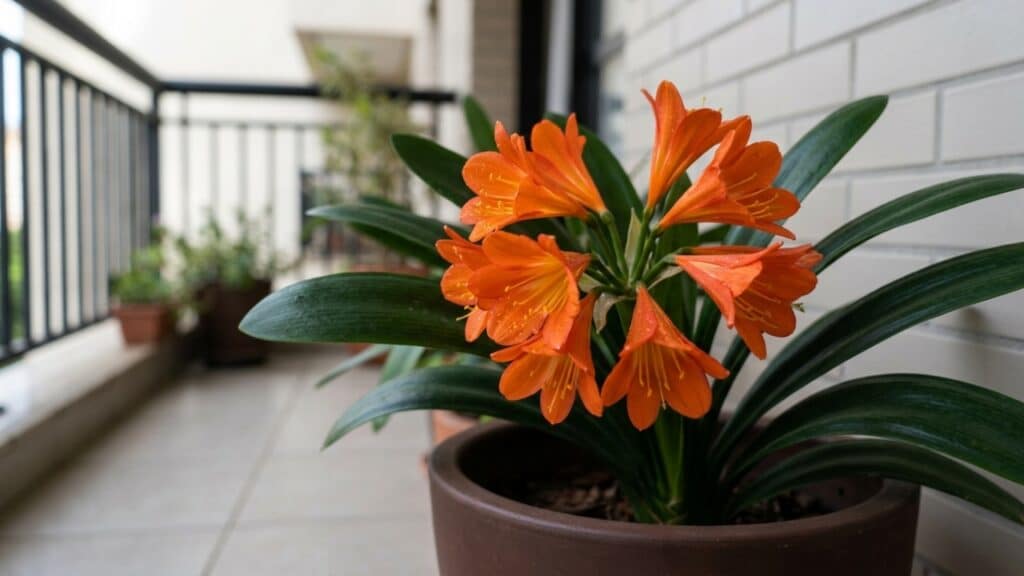 Flores laranjas de uma clívia em um ambiente de sombra fresca