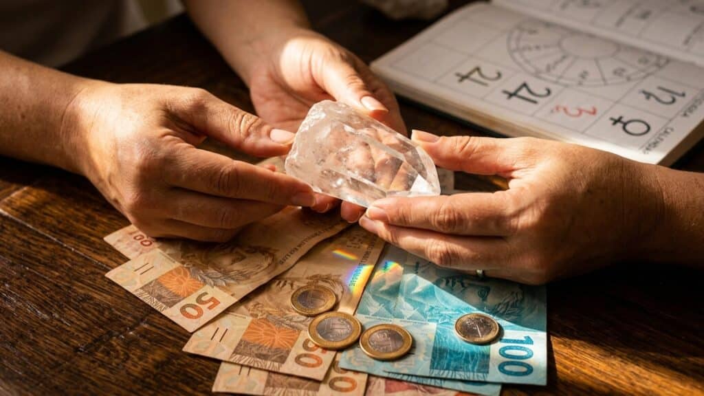 Cristal sobre notas de Real simbolizando a atração de prosperidade