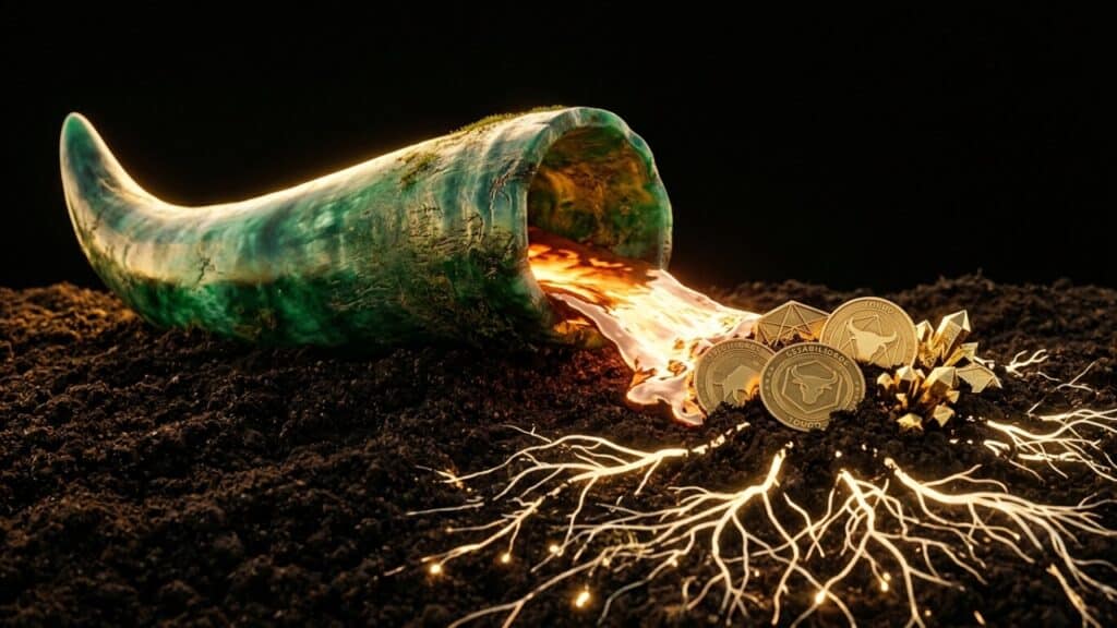 Chifre de esmeralda jorra ouro líquido que vira moedas na terra