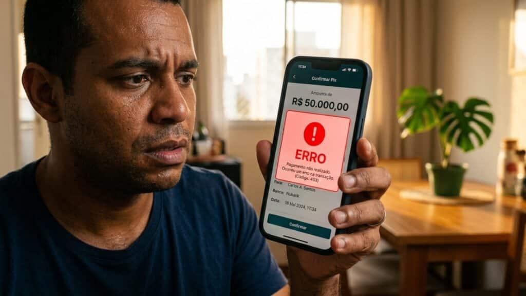 Smartphone exibe erro em transferência de 50 mil reais sob luz quente