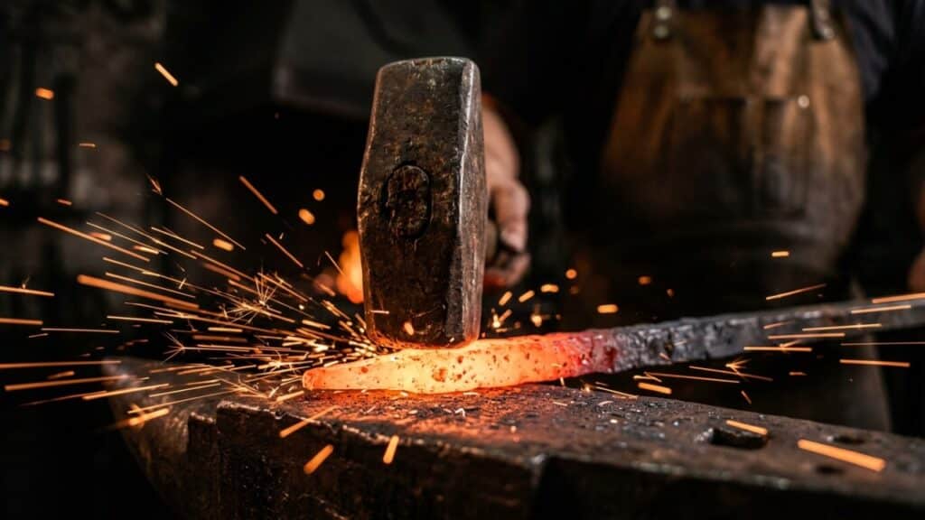 Macro de ferro incandescente sendo martelado em uma bigorna, representando sobrenomes derivados de profissões artesanais