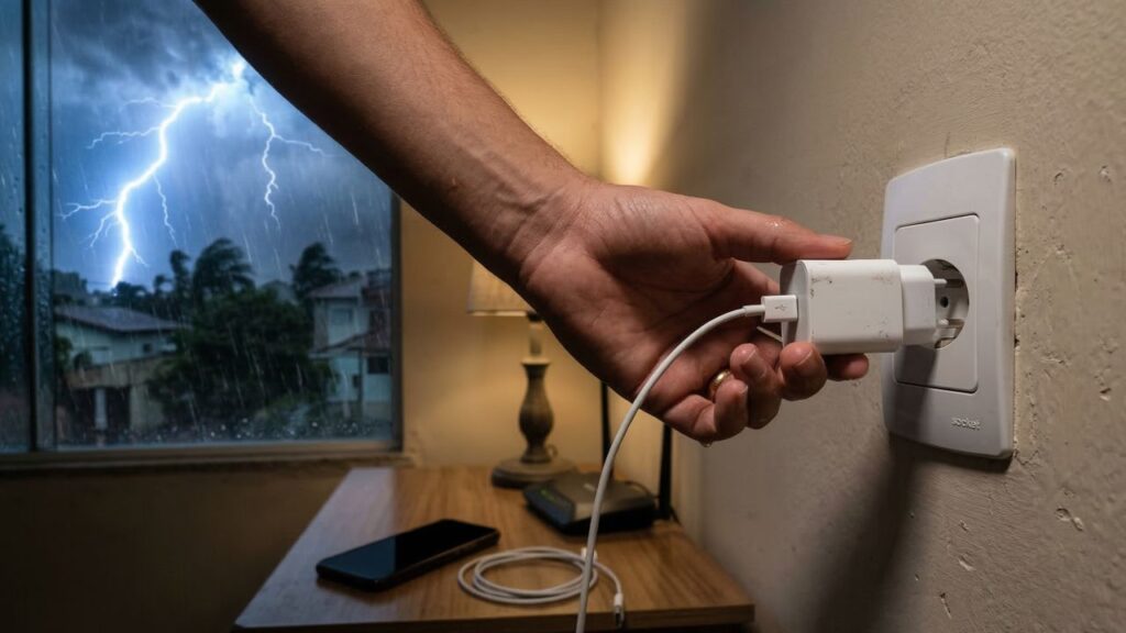 O hábito de deixar o carregador na tomada durante tempestades pode virar um risco dentro de casa